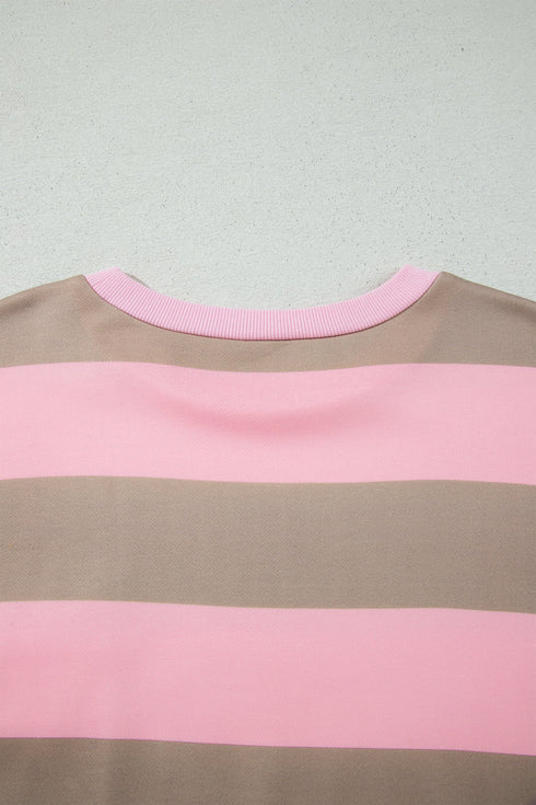 Striped Patch Pocket Split Hem Oversized Long Sleeve Sweatshirt