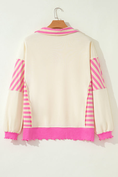 Striped Patchwork Accent Trim Drop Shoulder Polo Sweatshirt