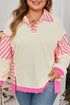 Striped Patchwork Accent Trim Drop Shoulder Polo Sweatshirt