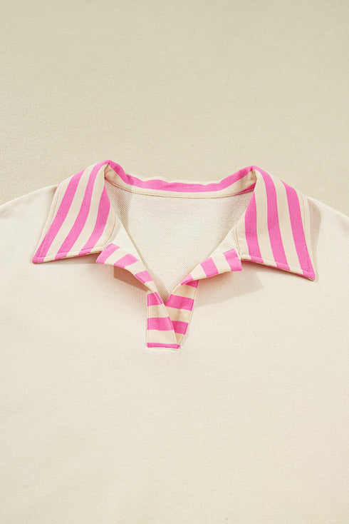 Striped Patchwork Accent Trim Drop Shoulder Polo Sweatshirt
