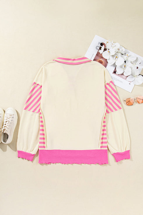 Striped Patchwork Accent Trim Drop Shoulder Polo Sweatshirt