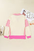 Striped Patchwork Accent Trim Drop Shoulder Polo Sweatshirt