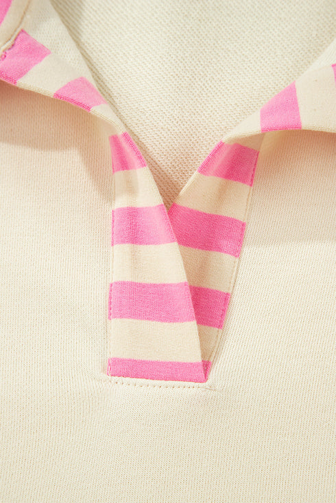 Striped Patchwork Accent Trim Drop Shoulder Polo Sweatshirt