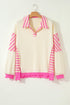 Striped Patchwork Accent Trim Drop Shoulder Polo Sweatshirt
