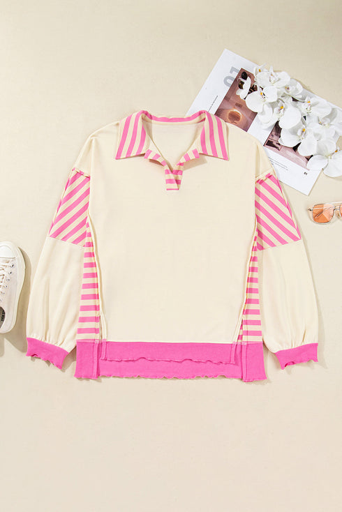 Striped Patchwork Accent Trim Drop Shoulder Polo Sweatshirt