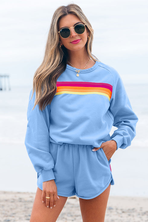Striped Patchwork Applique Pullover Two Piece Short Set