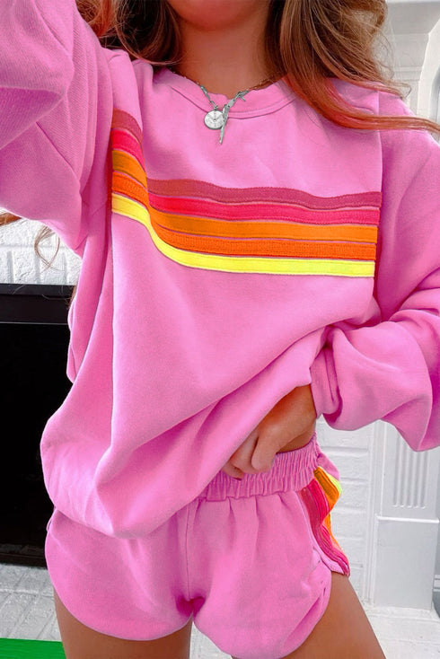 Striped Patchwork Applique Pullover Two Piece Short Set