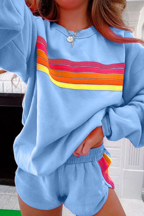 Striped Patchwork Applique Pullover Two Piece Short Set