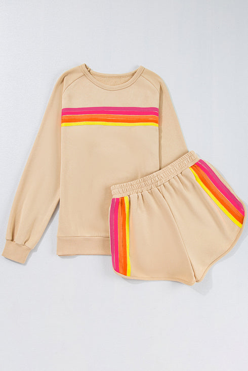 Striped Patchwork Applique Pullover Two Piece Short Set
