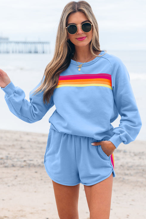 Striped Patchwork Applique Pullover Two Piece Short Set