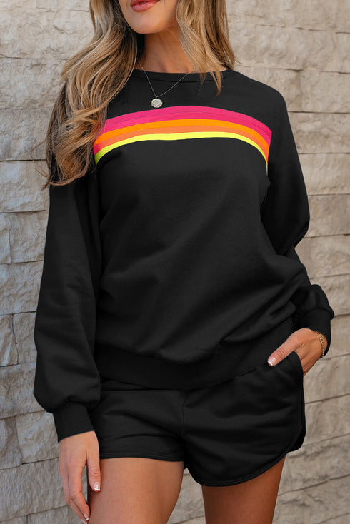 Striped Patchwork Applique Pullover Two Piece Short Set