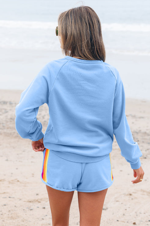 Striped Patchwork Applique Pullover Two Piece Short Set