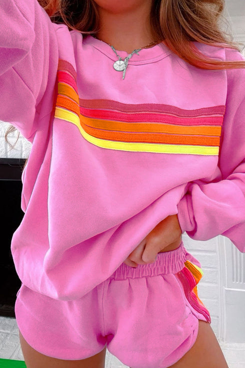 Striped Patchwork Applique Pullover Two Piece Short Set