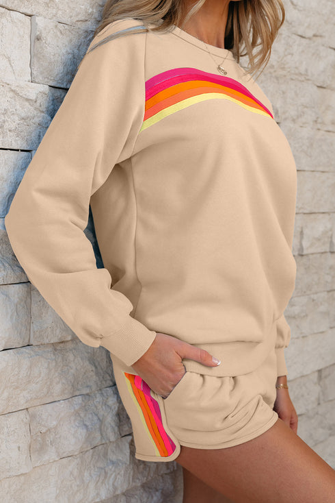 Striped Patchwork Applique Pullover Two Piece Short Set