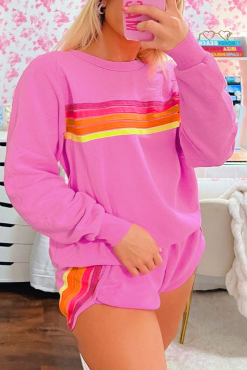 Striped Patchwork Applique Pullover Two Piece Short Set