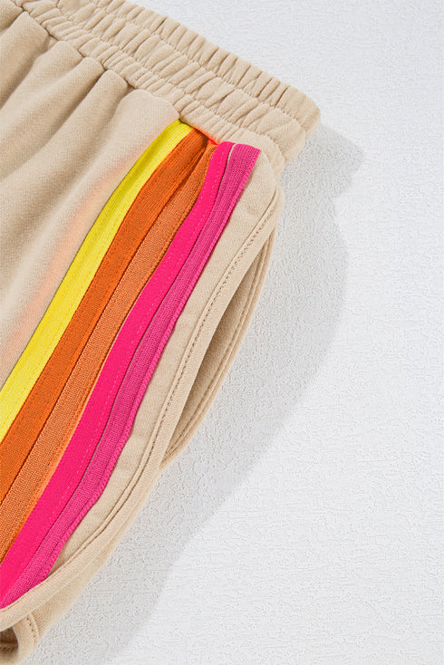 Striped Patchwork Applique Pullover Two Piece Short Set