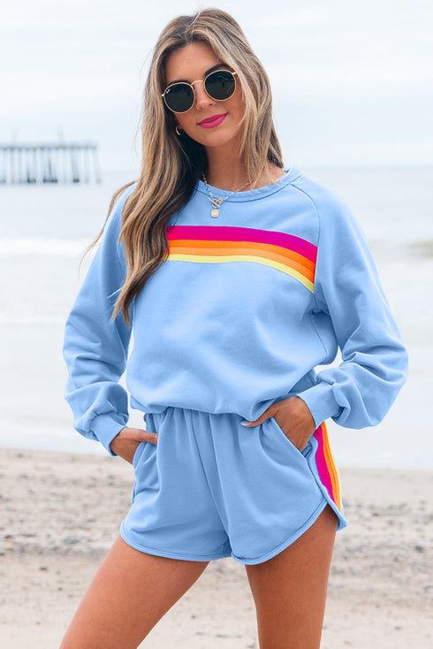 Striped Patchwork Applique Pullover Two Piece Short Set