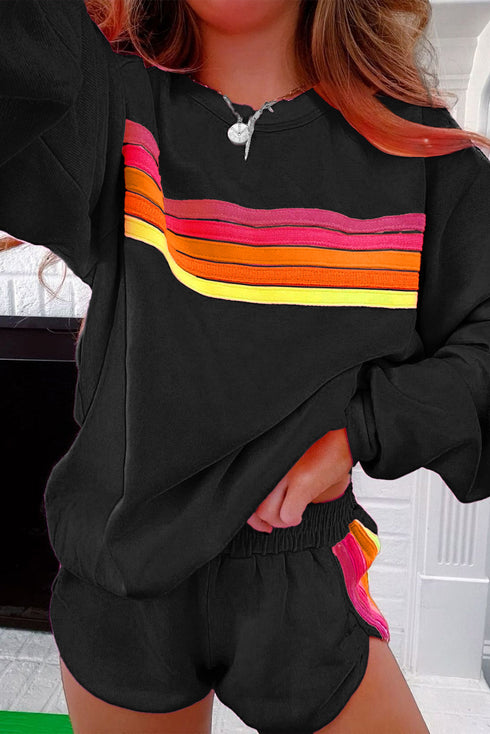 Striped Patchwork Applique Pullover Two Piece Short Set