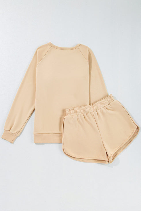 Striped Patchwork Applique Pullover Two Piece Short Set