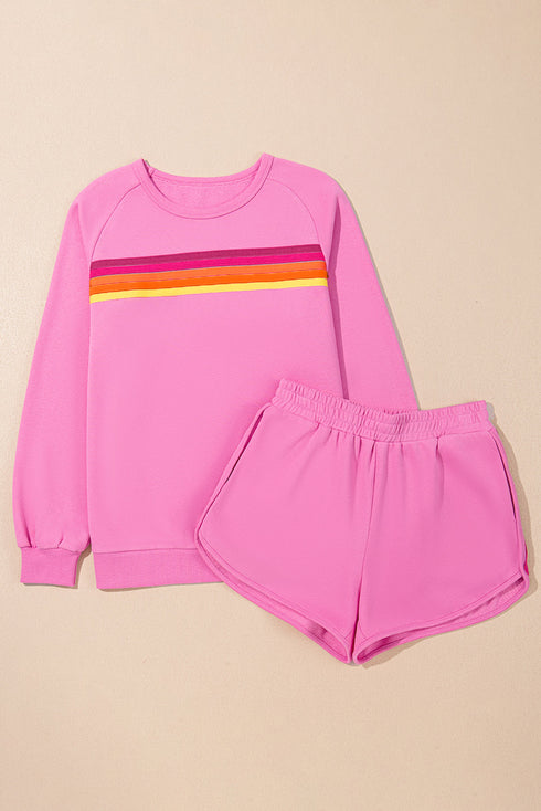 Striped Patchwork Applique Pullover Two Piece Short Set