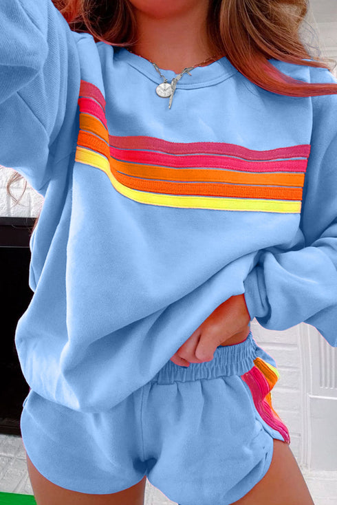 Striped Patchwork Applique Pullover Two Piece Short Set