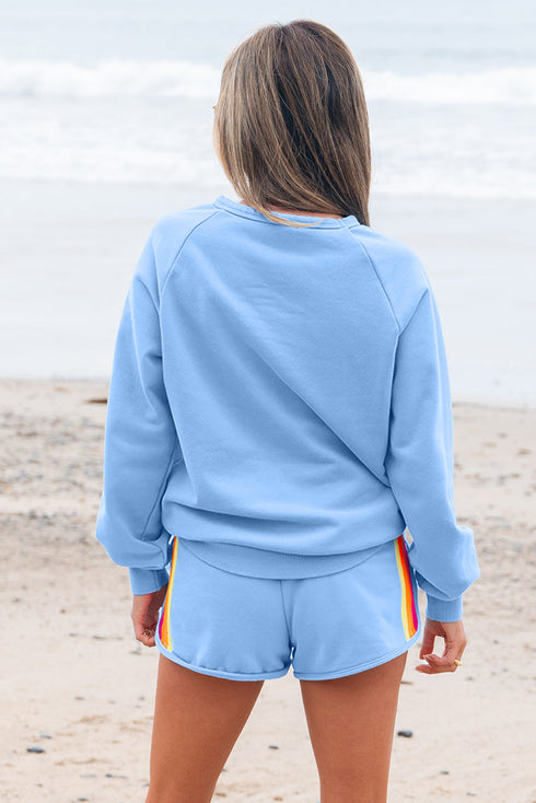 Striped Patchwork Applique Pullover Two Piece Short Set