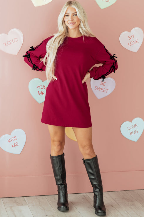 Striped Patchwork Bow Drop Shoulder Sweatshirt Mini Dress