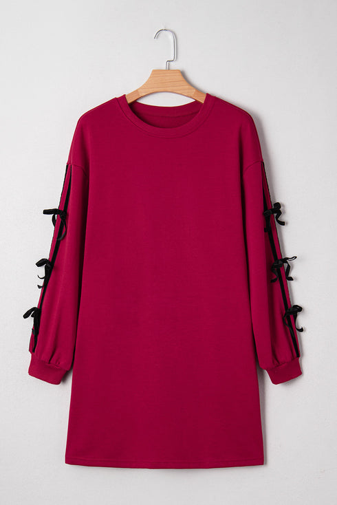 Striped Patchwork Bow Drop Shoulder Sweatshirt Mini Dress