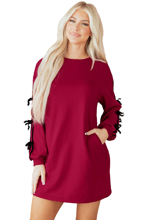 Striped Patchwork Bow Drop Shoulder Sweatshirt Mini Dress