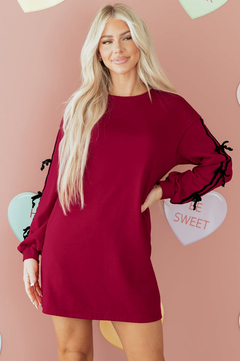 Striped Patchwork Bow Drop Shoulder Sweatshirt Mini Dress