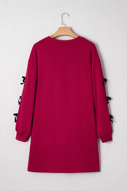 Striped Patchwork Bow Drop Shoulder Sweatshirt Mini Dress