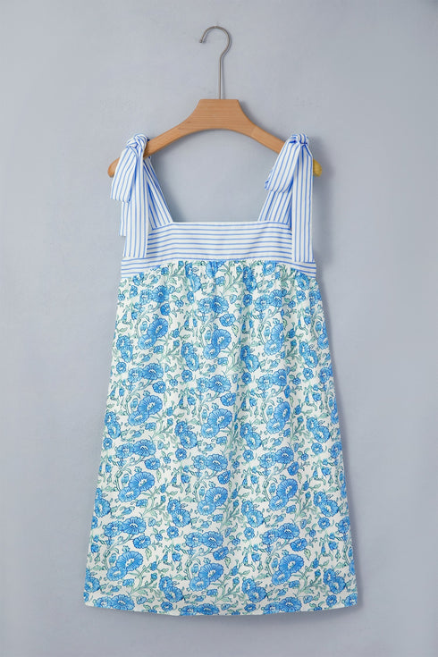Striped Patchwork Bow Tie Strap Mini Floral Dress