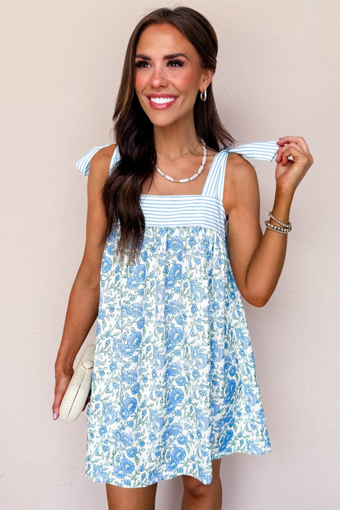 Striped Patchwork Bow Tie Strap Mini Floral Dress