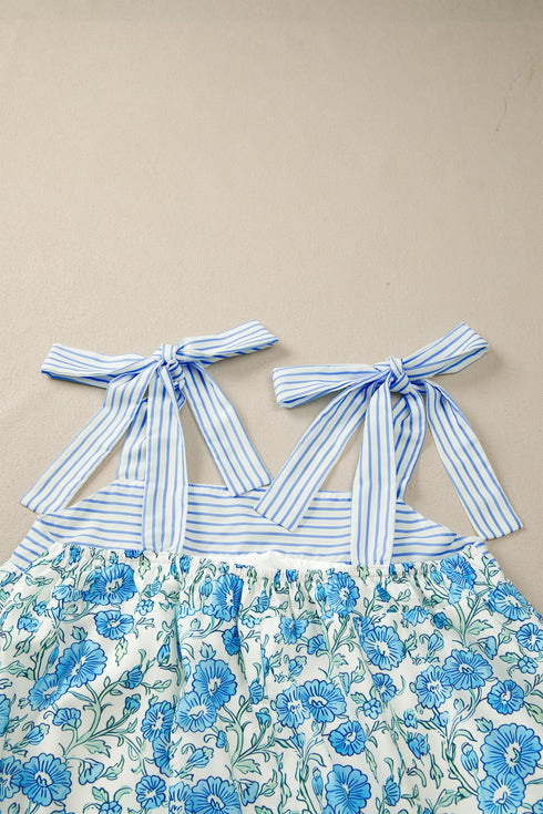 Striped Patchwork Bow Tie Strap Mini Floral Dress