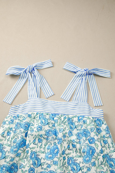 Striped Patchwork Bow Tie Strap Mini Floral Dress