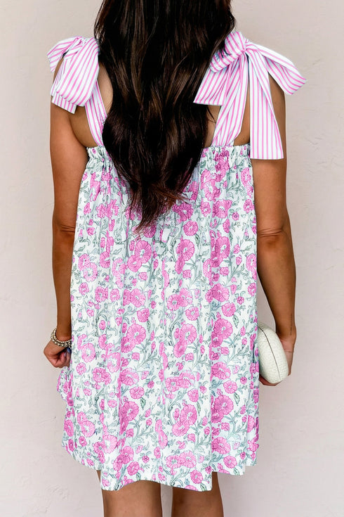 Striped Patchwork Bow Tie Strap Mini Floral Dress