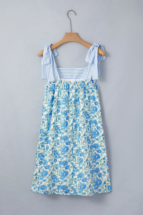 Striped Patchwork Bow Tie Strap Mini Floral Dress