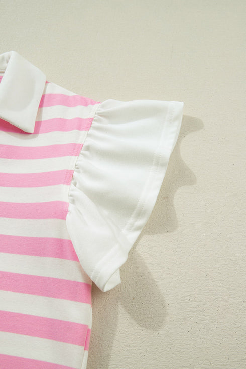 Striped Patchwork Collar V Neck Ruffled Short Sleeve Blouse