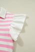 Striped Patchwork Collar V Neck Ruffled Short Sleeve Blouse