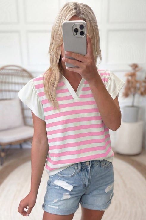 Striped Patchwork Collar V Neck Ruffled Short Sleeve Blouse