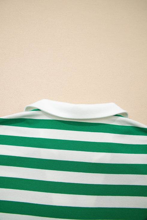 Striped Patchwork Collar V Neck Ruffled Short Sleeve Blouse
