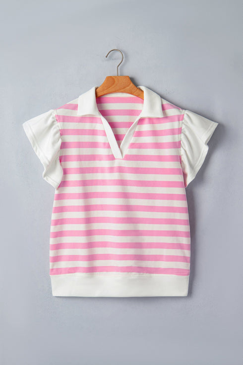 Striped Patchwork Collar V Neck Ruffled Short Sleeve Blouse