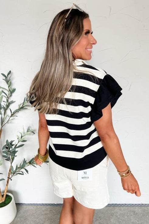 Striped Patchwork Collar V Neck Ruffled Short Sleeve Blouse