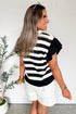Striped Patchwork Collar V Neck Ruffled Short Sleeve Blouse
