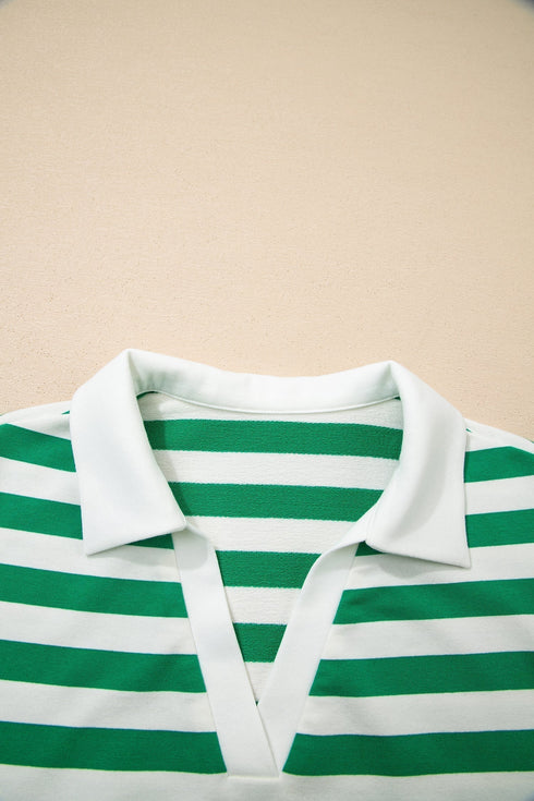 Striped Patchwork Collar V Neck Ruffled Short Sleeve Blouse