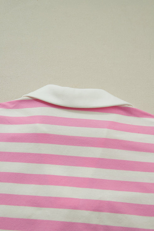 Striped Patchwork Collar V Neck Ruffled Short Sleeve Blouse