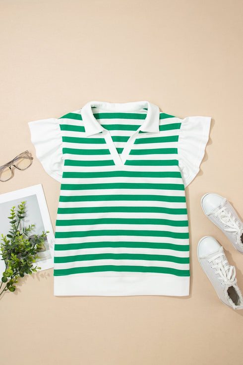 Striped Patchwork Collar V Neck Ruffled Short Sleeve Blouse