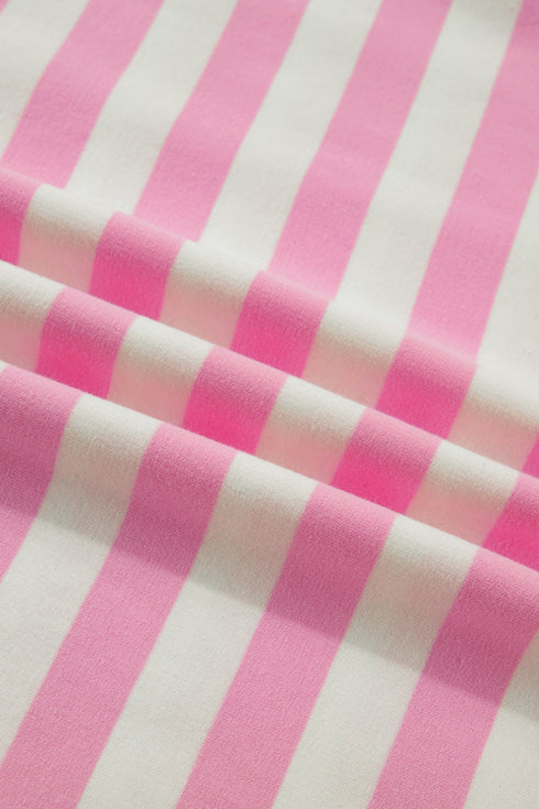 Striped Patchwork Collar V Neck Ruffled Short Sleeve Blouse