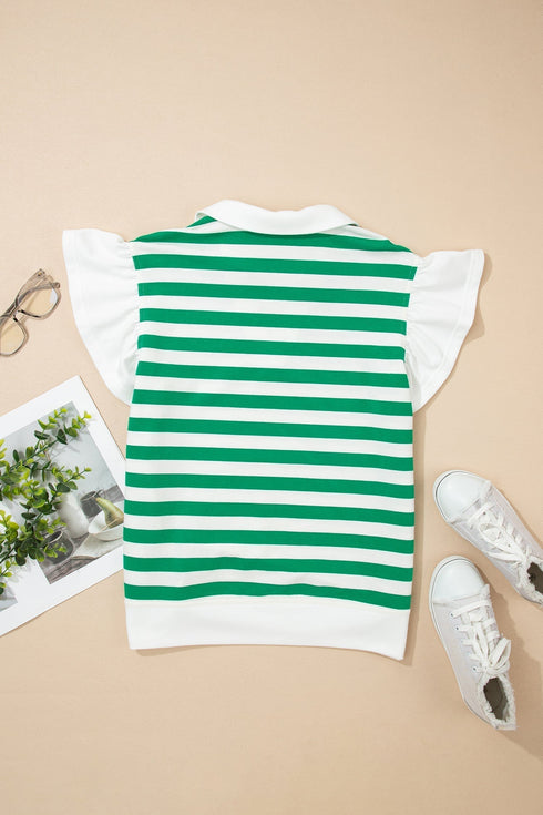 Striped Patchwork Collar V Neck Ruffled Short Sleeve Blouse