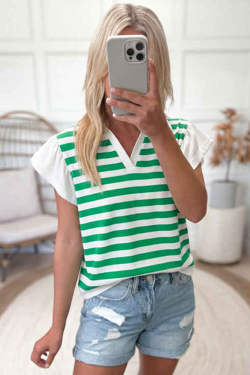 Striped Patchwork Collar V Neck Ruffled Short Sleeve Blouse